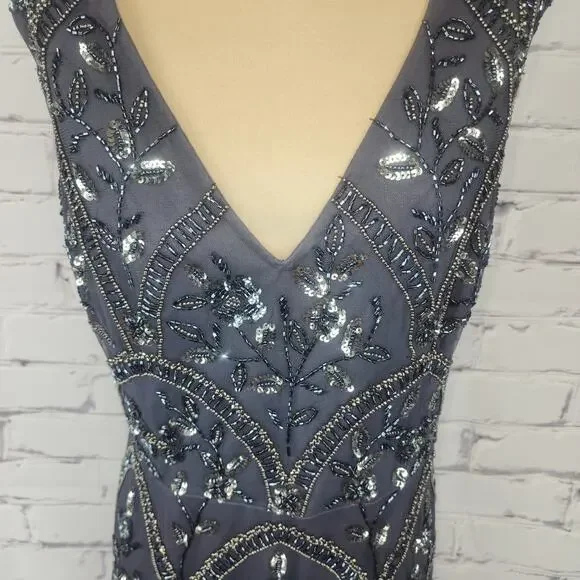 Adrianna Papell Dress Women 12 Beaded Gunmetal Grey Formal Wedding Evening Event - Picture 4 of 10